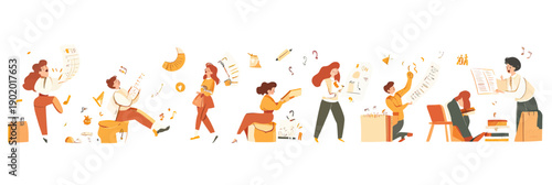 Business people managing tasks and schedules with papers, charts, laptops, and calendar planning in a flat minimalist style vector illustration