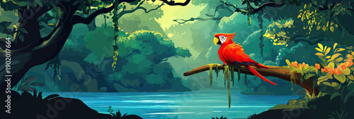 Tropical jungle river landscape with vibrant red parrot perched on branch surrounded by lush green trees and tropical foliage in flat minimalist vector style