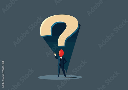 Businessman standing confidently under large illuminated question mark symbolizing problem solving decision making and finding answers in minimalist style