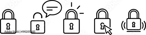 Vector security lock icons with various states, including speech bubble, alarm, and cursor click, for website security or software interface