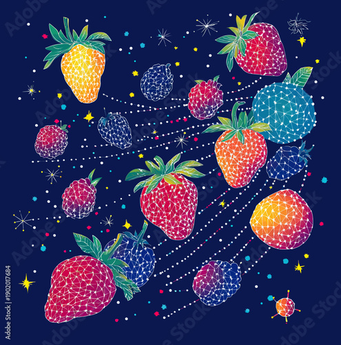Colorful mixed berries with geometric wireframe pattern floating in cosmic starry space background abstract fruit vector illustration