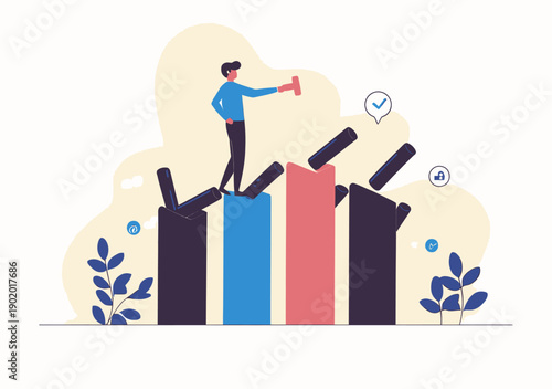Businessman stopping falling dominoes to prevent collapse and ensure stability, risk management and crisis prevention concept in flat minimalist vector style