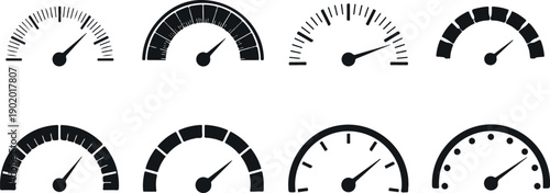 Vector gauge meter icons, speedometer and tachometer symbols, dashboard indicators for business or industrial use, for infographic or presentation, Isolated on transparent background, png