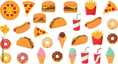 Flat fast food icons vector set with burgers, pizza, donuts, tacos, fries, ice cream, and drinks