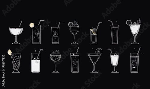 Black and white vector illustration of assorted cocktails and mixed drinks in various glasses with garnishes and straws minimalist flat design on dark background