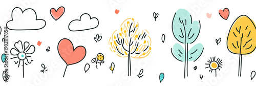 Hand drawn doodle style kid art seamless pattern with colorful trees, clouds, hearts, flowers, and sun elements on white background for children design