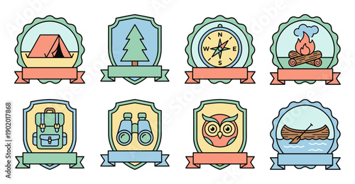 Flat Line Art Camping Badge Collection for Outdoor Adventure Branding and Scrapbooking