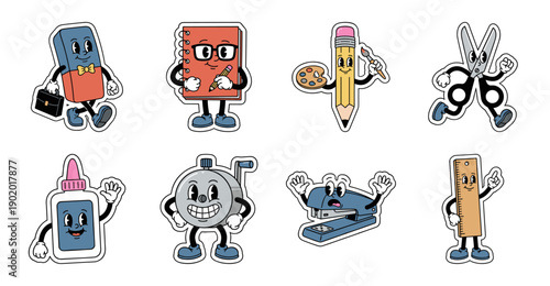 Retro Rubber Hose Style School Supplies Sticker Set