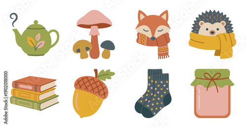 Autumn Cozy Lifestyle Icon Set, Flat Vector Illustration