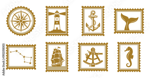 Vintage Nautical Gold Postage Stamp Collection for Maritime Branding and Travel Stationery