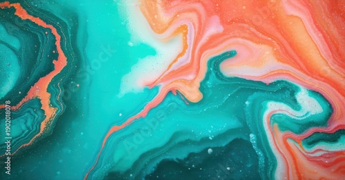Fluid acrylic paint swirls, vibrant colors blend. Turquoise, coral, white create abstract patterns, resembling marble textures. Dynamic composition.