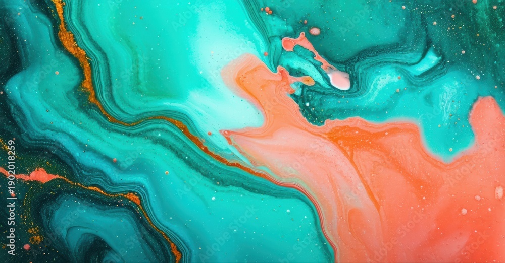 Fototapeta premium Abstract fluid paint swirls. Turquoise, coral, gold blend beautifully creating marbled effect. Texture appears dynamic, organic.