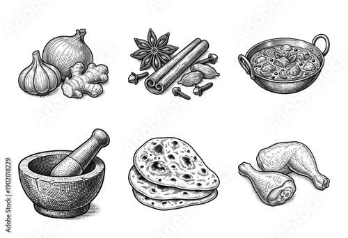 Set of hand drawn woodcut style illustrations of Indian cuisine ingredients and dishes including curry naan and spices