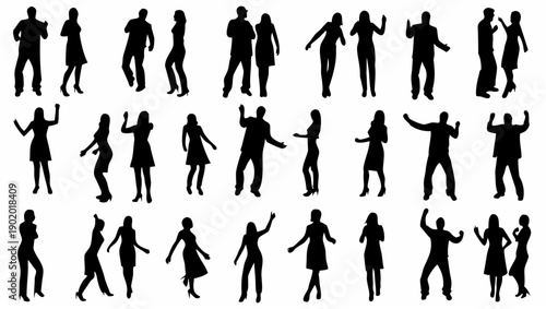 Diverse people dancing together in various poses and outfits