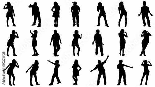 Silhouettes of people dancing and posing in various dynamic movements