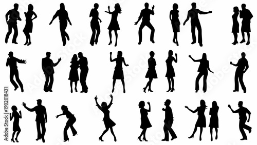 Silhouettes of people dancing and having fun together
