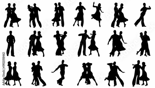 Silhouettes of couples dancing in various poses and styles together