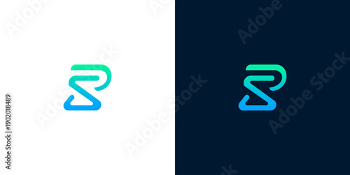 Abstract digital S and P letters logo design, modern minimalist abstract geometric shapes, gradient colors on white and dark backgrounds