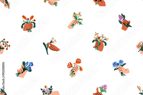 Repeatable pattern of hands with posies with calla, tulip, poppy. Endless background of people holding bouquets, bunches of bloom flowers, wildflowers, floral gifts. Flat seamless vector illustration
