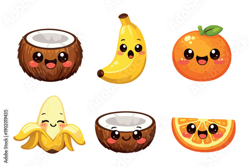 Cute cartoon fruits with faces: coconut, banana, orange smiling