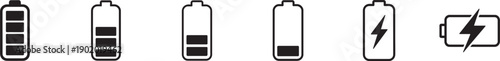 Battery icon set showing charge levels and charging symbol in clean black vector style.