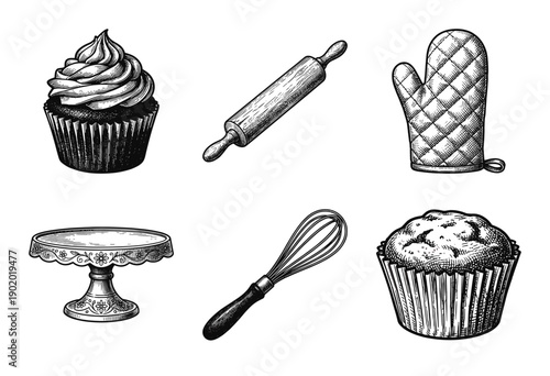 Vintage hand drawn engraving style bakery and confectionery set featuring cupcakes muffins and essential baking tools