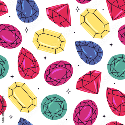 Seamless pattern with colorful gemstones of various shapes. Vector graphics.
