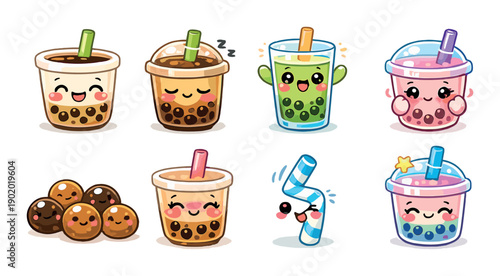 Cute bubble tea characters with colorful straws and adorable expressions