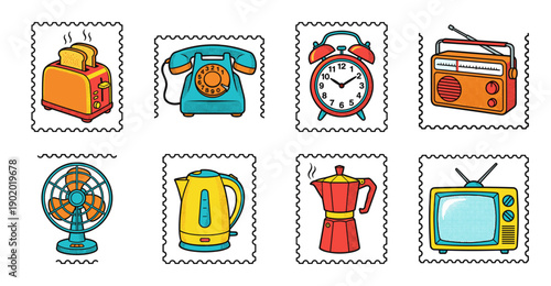 Retro Pop Art Vintage Household Appliances Postage Stamp Collection for Nostalgic Scrapbooking and Graphic Design