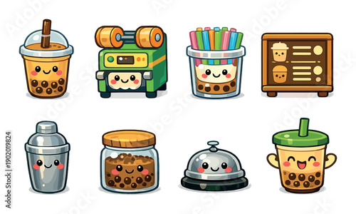 Cute bubble tea icons set with adorable faces and drink accessories