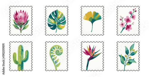 Gouache Botanical Postage Stamp Collection for Tropical Stationery and Nature Scrapbooking