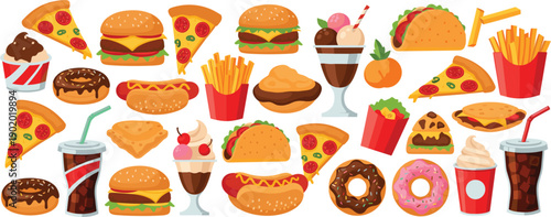 Flat fast food vector illustration set featuring burgers, pizza, donuts, tacos, fries, desserts, and soft drinks