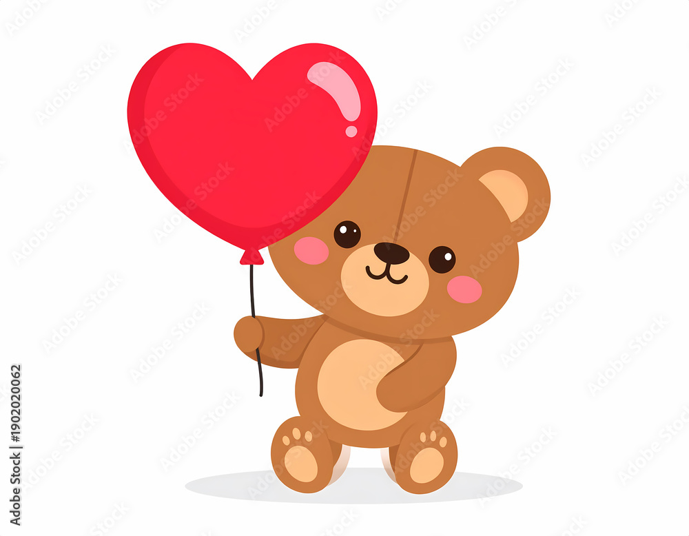 Obraz premium Cute Brown Teddy Bear Holding Red Heart Balloon on White Background for Valentine's Day Love Gift Kids Children Toy Romance Celebration Sweet Present