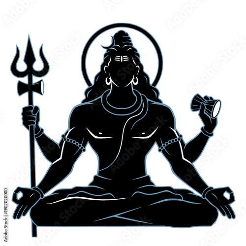 Lord Shiva Meditation Pose with Trident and Damru Black Silhouette Vector Illustration for Mahashivaratri and Spiritual 2D Vector Motion Graphic Illustration for Animation, Web, Poster Designs