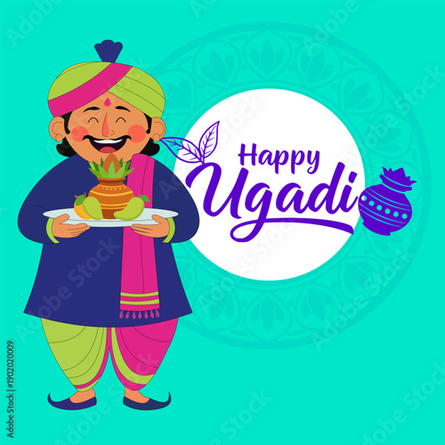 Happy Ugadi Greeting with Traditional Indian Man Holding Kalash Flat 2D Vector Motion Graphic Illustration for Animation, Web, Poster Designs