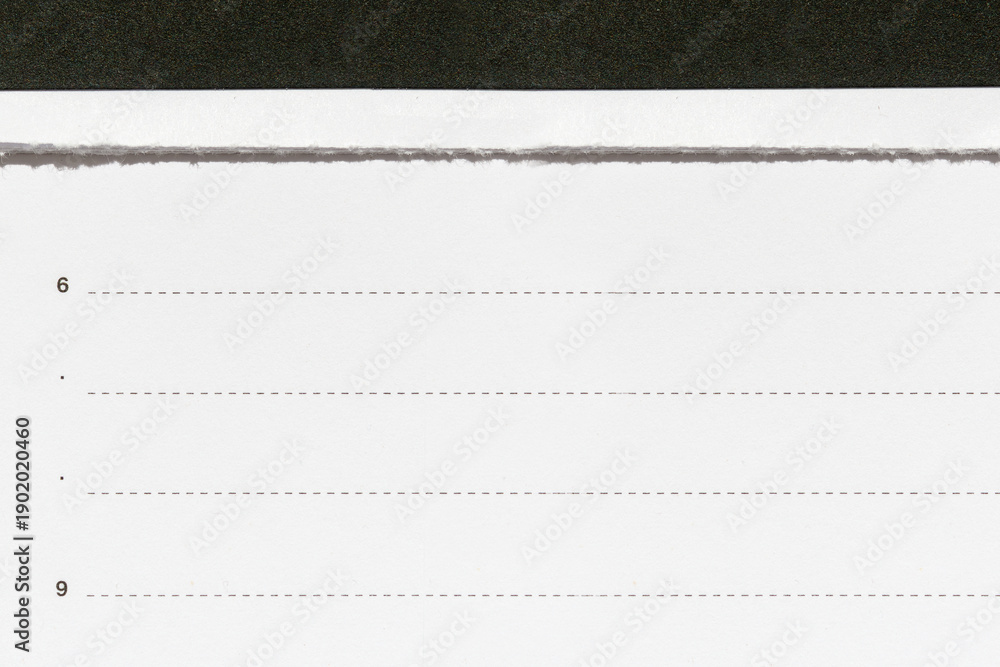 Obraz premium Minimal planner sheet with torn edge and dotted time lines, clean white paper background for scheduling, writing notes, productivity concepts