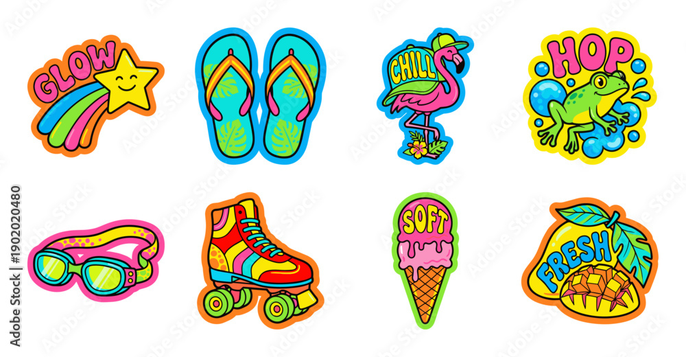 Naklejka premium Retro Summer Sticker Set with Colorful Vector Illustrations