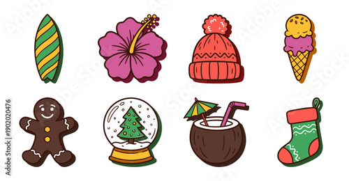 Summer and Winter Holiday Sticker Set Vector Illustration
