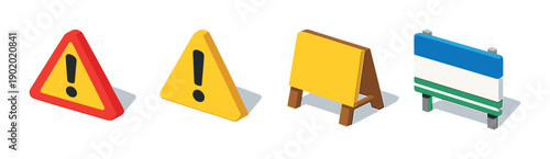 Colorful warning and information signs with exclamation marks on gradient background