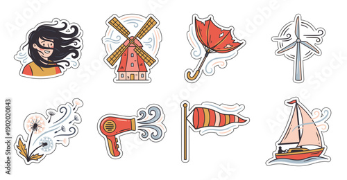 Wind and Air Elements Sticker Set, Vector Illustration