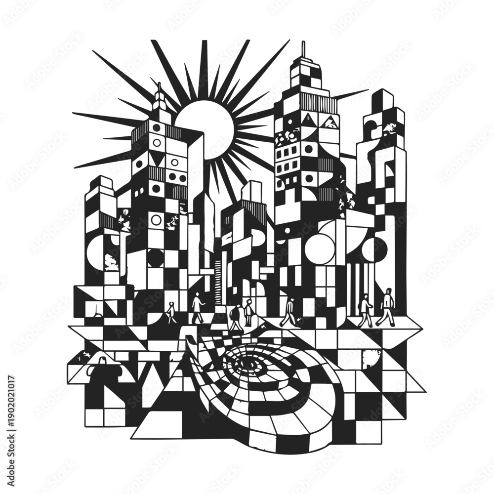 Fototapeta premium Abstract geometric city skyline illustration with sun and spiral path, black and white vector art.