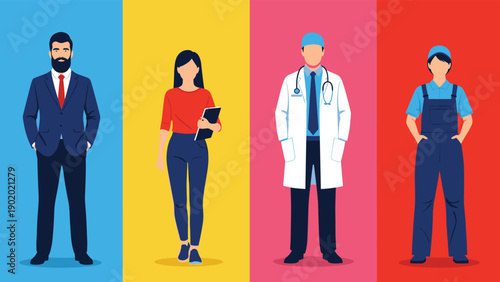 Diverse group of professionals including a businessman office worker doctor and a blue collar technician on colorful backgrounds.