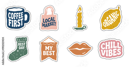Cozy Lifestyle Sticker Set with Hand Lettering Quotes