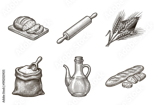 Vintage woodcut style bakery and bread collection featuring artisanal loaves flour sack wheat and olive oil illustrations.