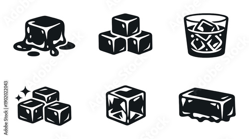 Set of ice cube illustrations: melting, stacked, in glass, and sparkling designs