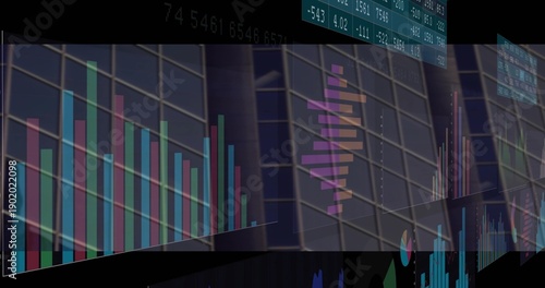 Floating chart panels streaming over glass facade, displaying vertical bars, line charts, tickers