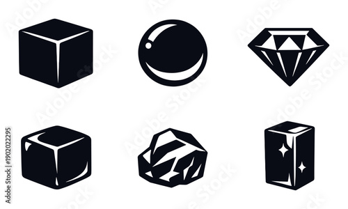 Abstract collection of six geometric shapes in black with diffused glow on dark background