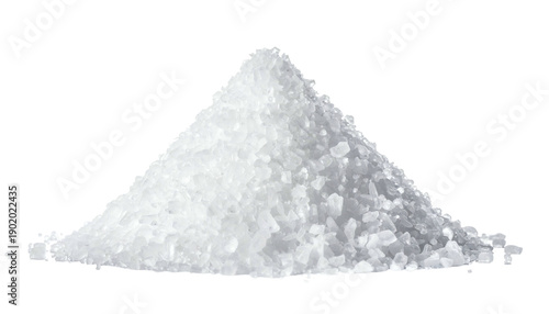 A close-up of a pile of coarse, crystalline white substance against a transparent background