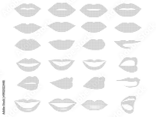 Collection of various mouths and lips made of small white dots...