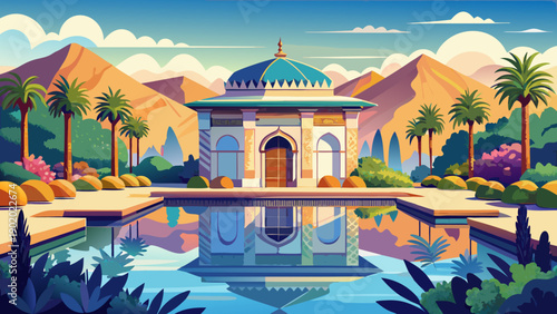 Very beautiful Saadian pavilion in Menara Gardens with the Atlas Mountains backdrop, blending historic architecture, tranquil water reflections, and Marrakech’s timeless natural harmony.